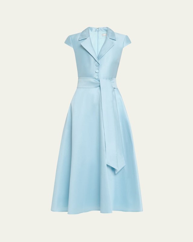 Belted Cap-Sleeve Pique Midi Shirtdress